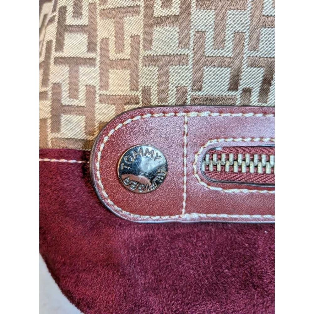 Tommy Hilfiger Monogram Tote Bag Burgundy Leather Trim Shoulder‎ Bag - Picture 7 of 11
